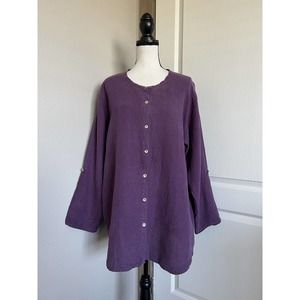 Flax 100% Linen M Button Front Tunic Top Purple Long Sleeve Oversized Leganlook